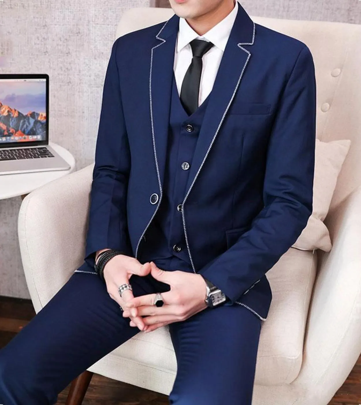 Abiti da uomo neri per smoking da sposo 3 pezzi cappotto  pantaloni  gilet grigio Terno Masculino Costume blu Homme Groomsme