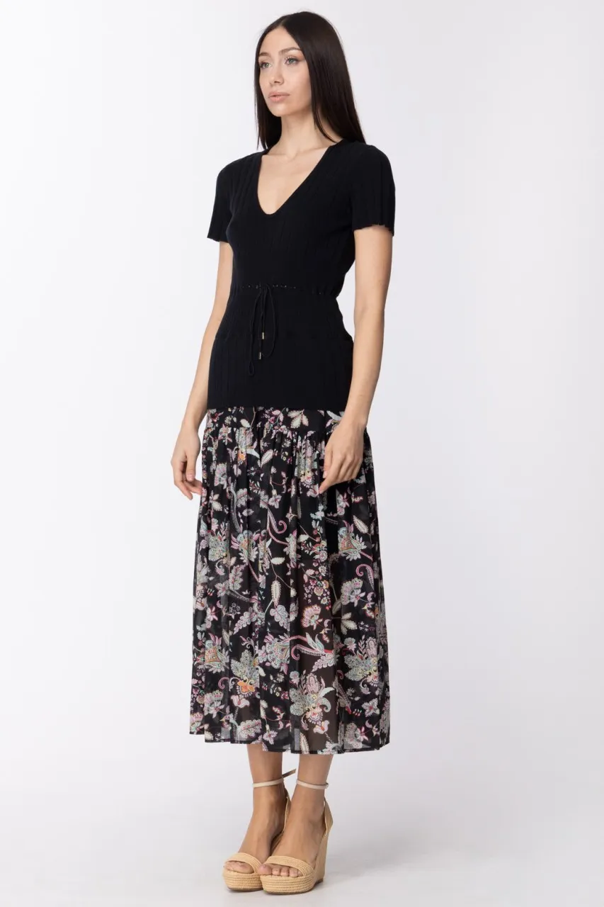 Abito longuette top in maglia e gonna stampata BIC NERO/ST FIORE INDIANO NERO