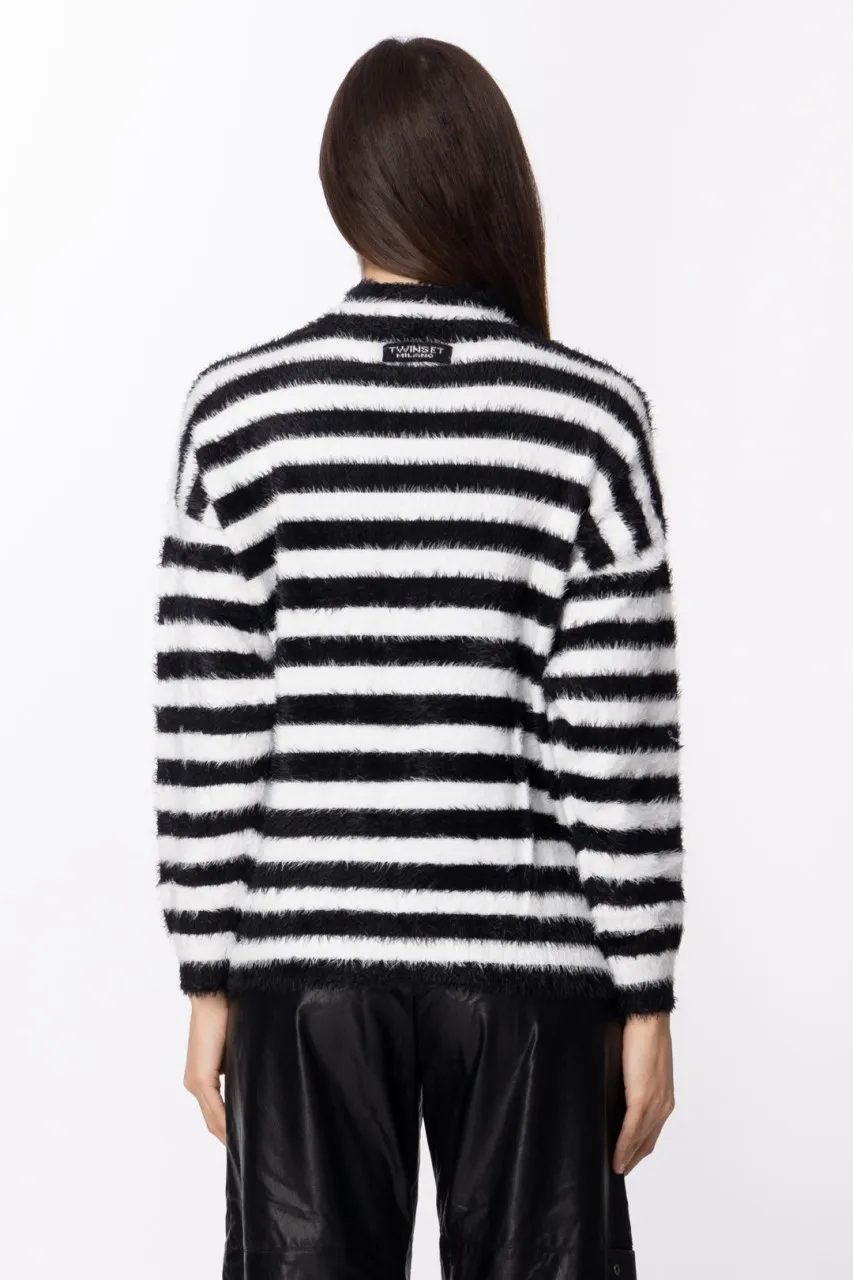 Maglia righe con scollo a goccia RIGA NEVE/NERO