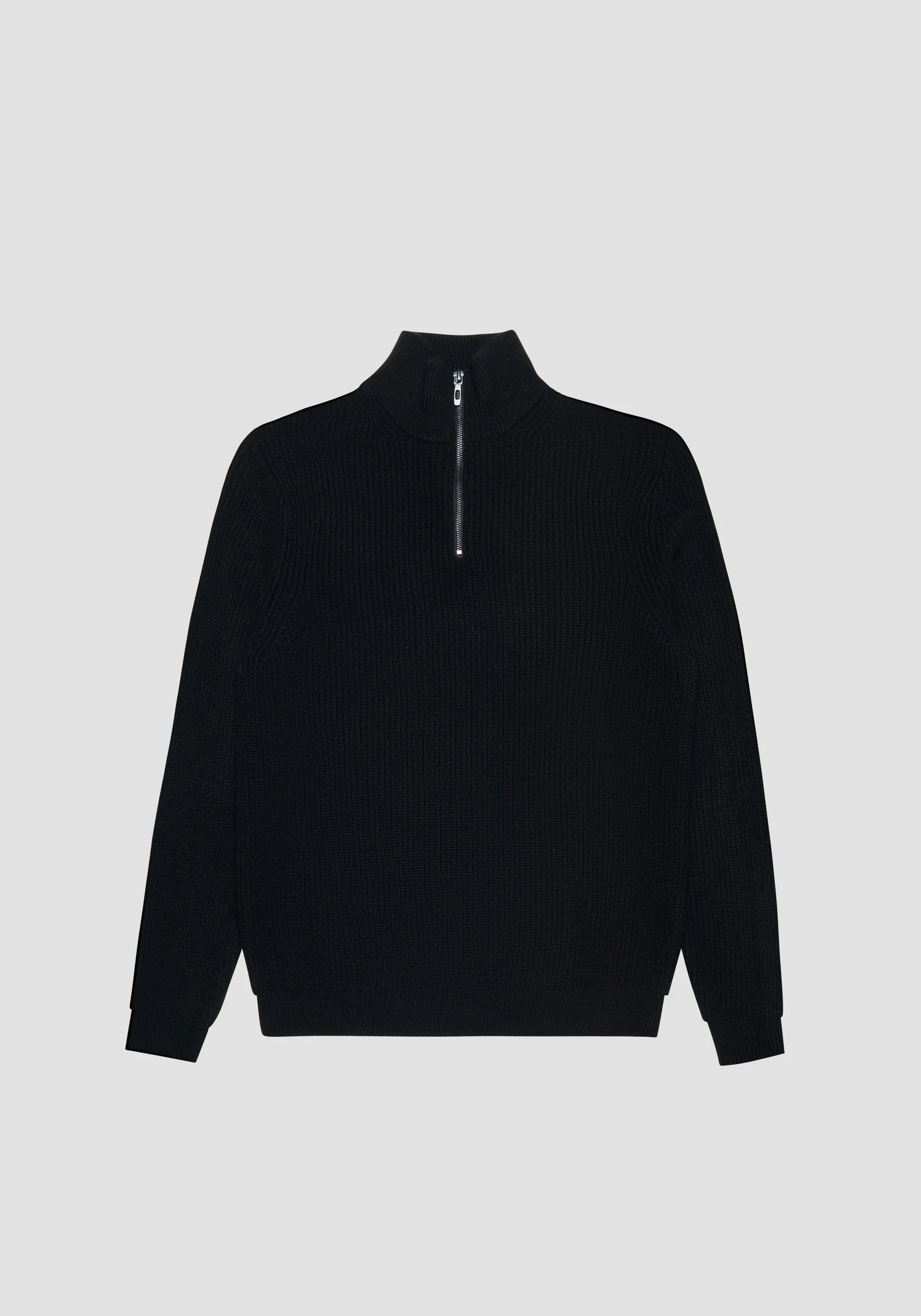 MAGLIONE CON ZIP REGULAR FIT NERO IN MISTO LANA MERINO