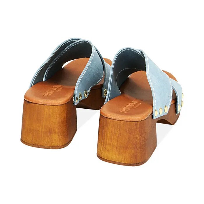 Sandali celesti in camoscio, tacco 5,5 cm