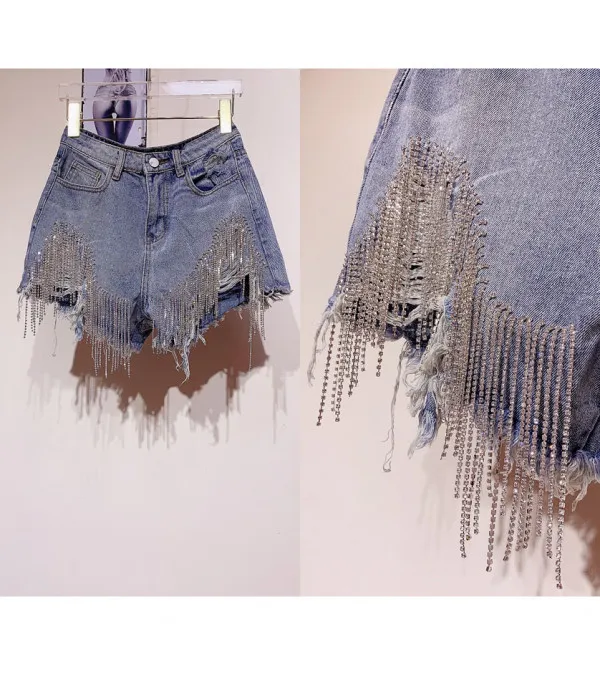 Shorts denim frange in strass