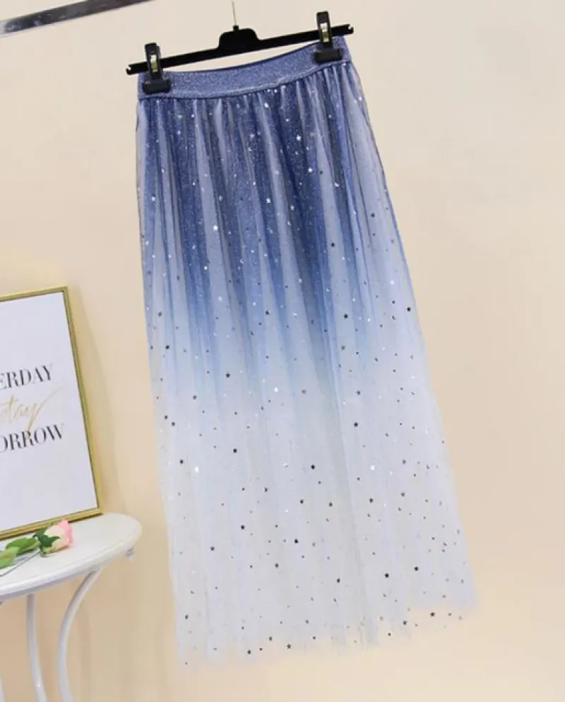 Zoki Starry Sky Gonna da donna in tulle Gonna longuette a rete con elastico in vita con paillettes Elegante festa estiva da donn